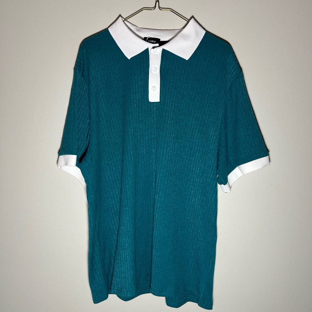 Ouku Men's Shirt Size XL Short Sleeve Turquoise White Trim Golf Casual NWT